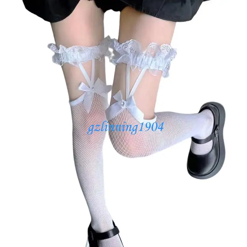 

L5YD Women Lace Bows Suspenders Thigh High Stockings Garter Belt Stockings