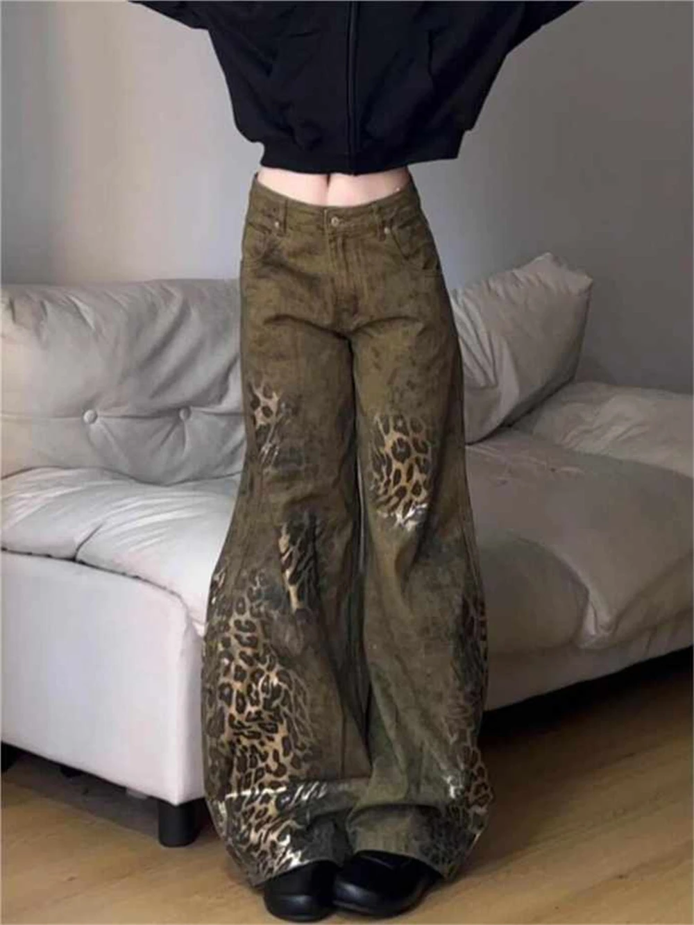 

Женские джинсы с леопардовым принтом, дизайнерские джинсы в стиле Харадзюку, широкие джинсовые брюки в стиле панк, американский ретро Y2K, ковбойские брюки в стиле Харадзюку, новинка