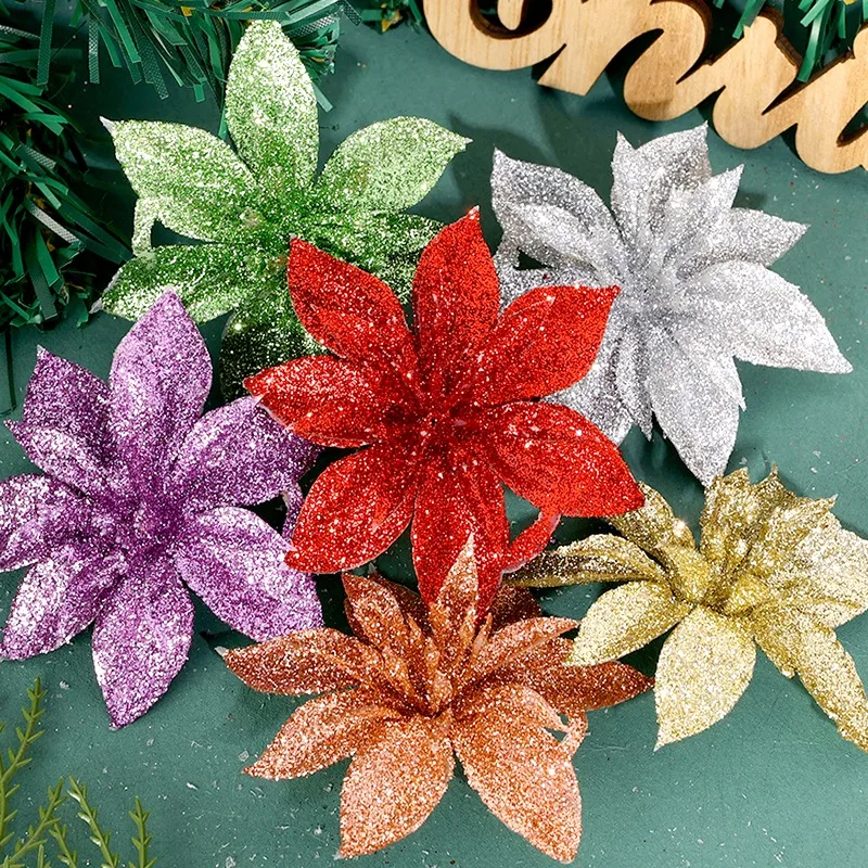 5Pcs Glitter Artificial Christmas Flowers Xmas Tree Ornaments Merry Christmas Decorations for Wedding New Year Party Supplies