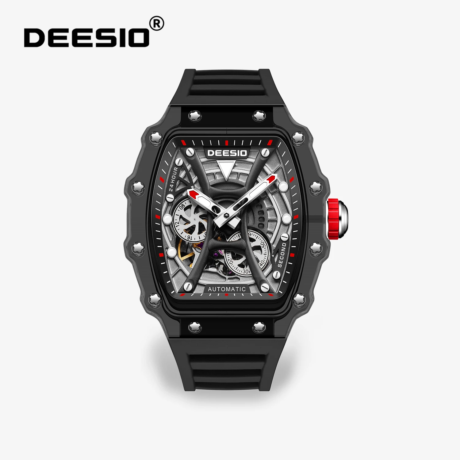 Deesio Herren-Skelett-Automatikuhr – japanisches Selbstaufzugswerk, leuchtend, 50 m wasserdicht, sportliche Armbanduhr aus Edelstahl, Geschenk