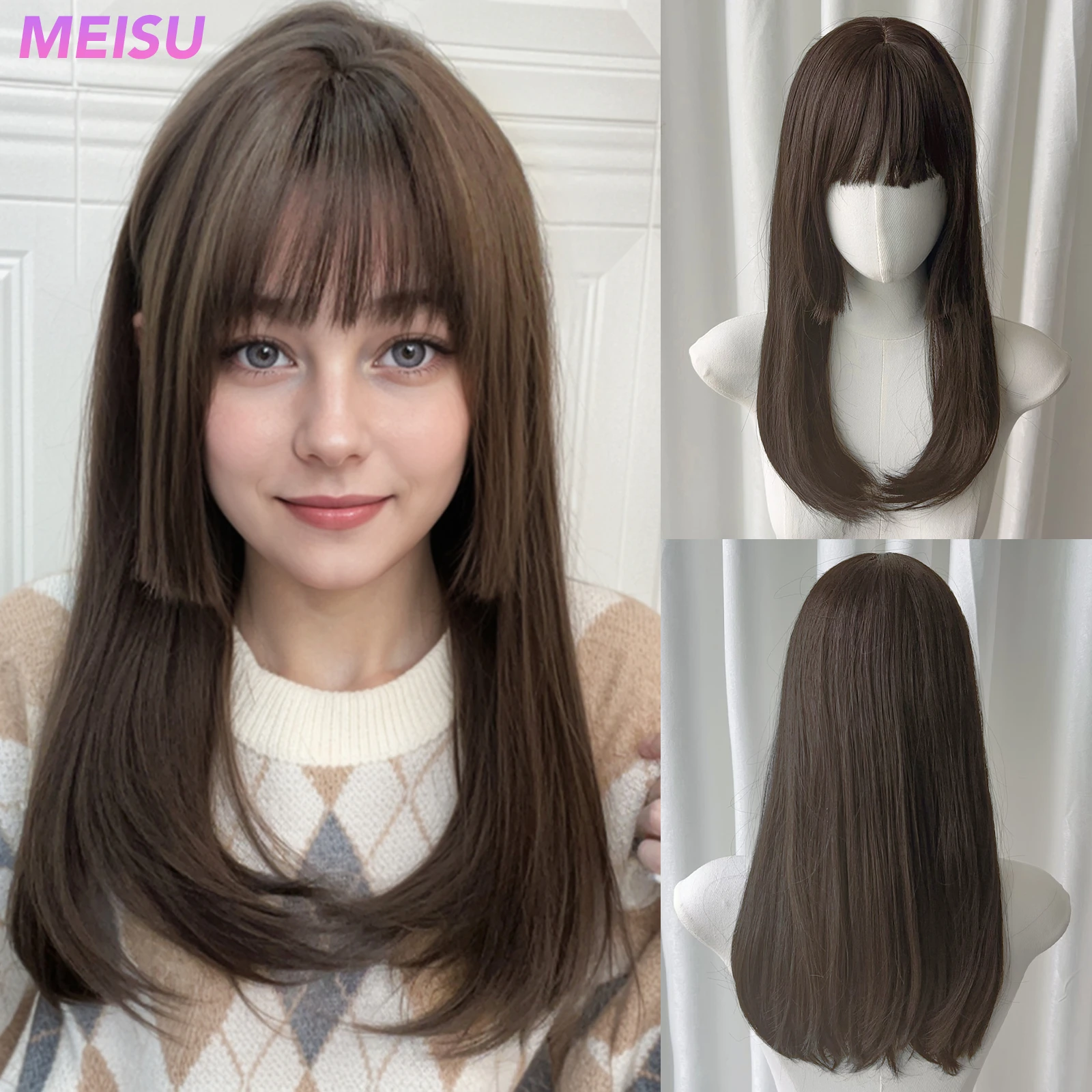 MEISU 18 Inch Long Straight Bangs Wig Fiber Synthetic Wig Heat-resistant Non-Glare Natural Cosplay Hairpiece For Women Daily Use