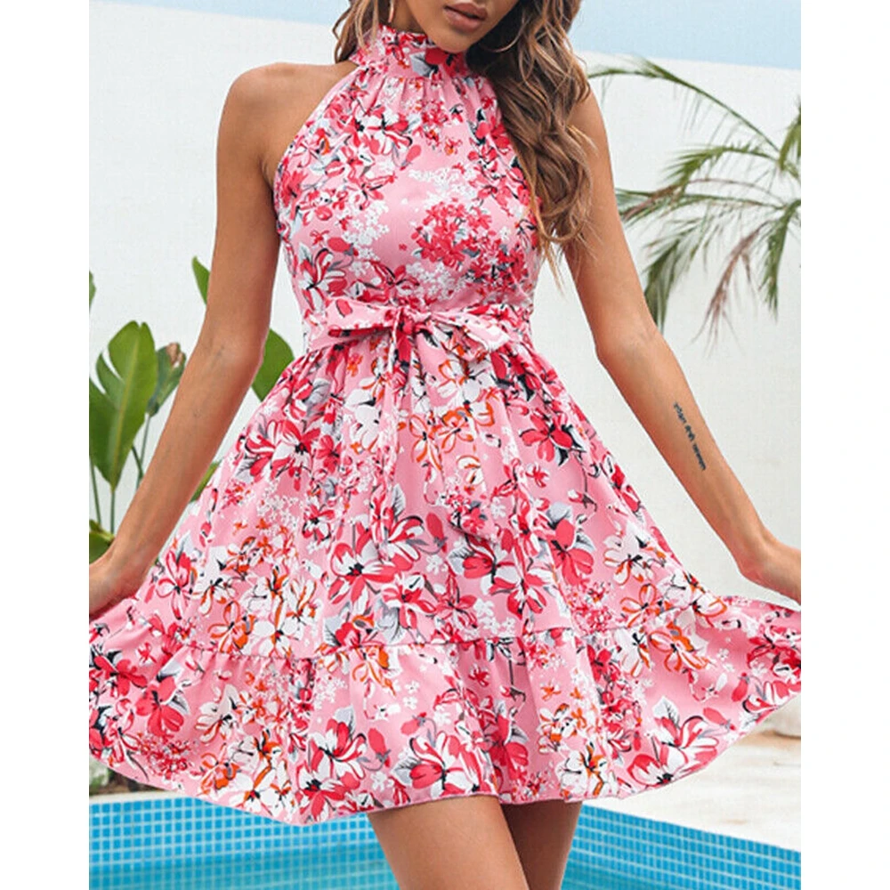 Summer Women Floral Print Tied Detail Sleeveless Dress Fashion Mock Neck Ruffle Hem Mini Short Dresses Femme Street Outfits Y2k