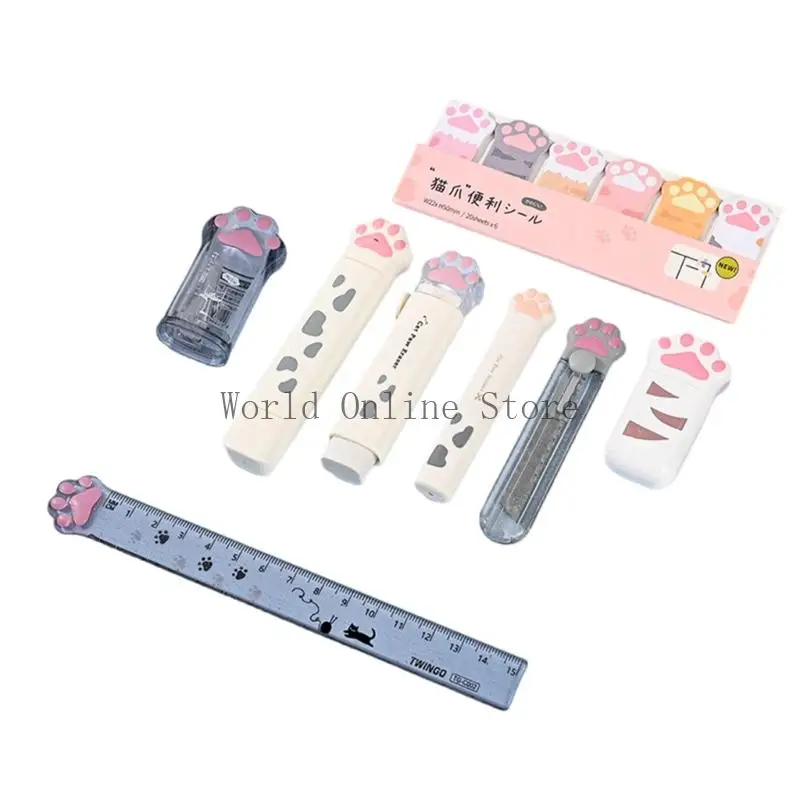 9 PCS School Stationery Set Cats Paws Case Case Sticky Notes Sharpener Eraser Class Class Guys School Schools 87HC