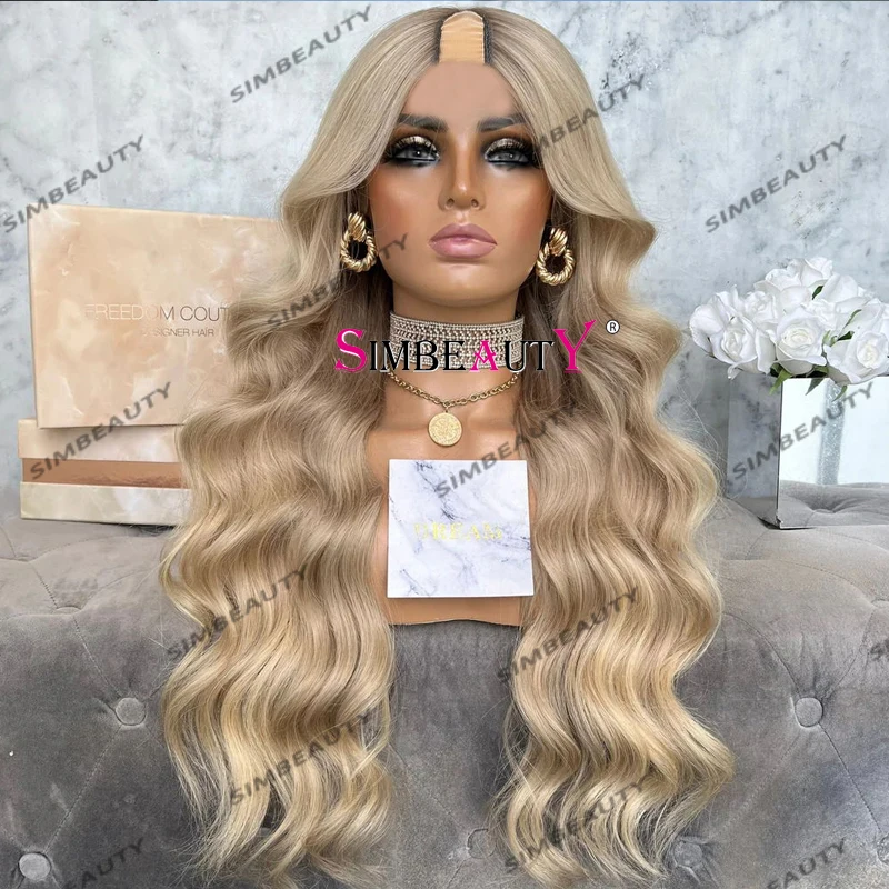 Perruques de cheveux humains en U Part Body Wave pour femmes, perruques en surbrillance blonde platine, perruques en U d'ouverture 1x4 avec 6clips, cheveux naturels