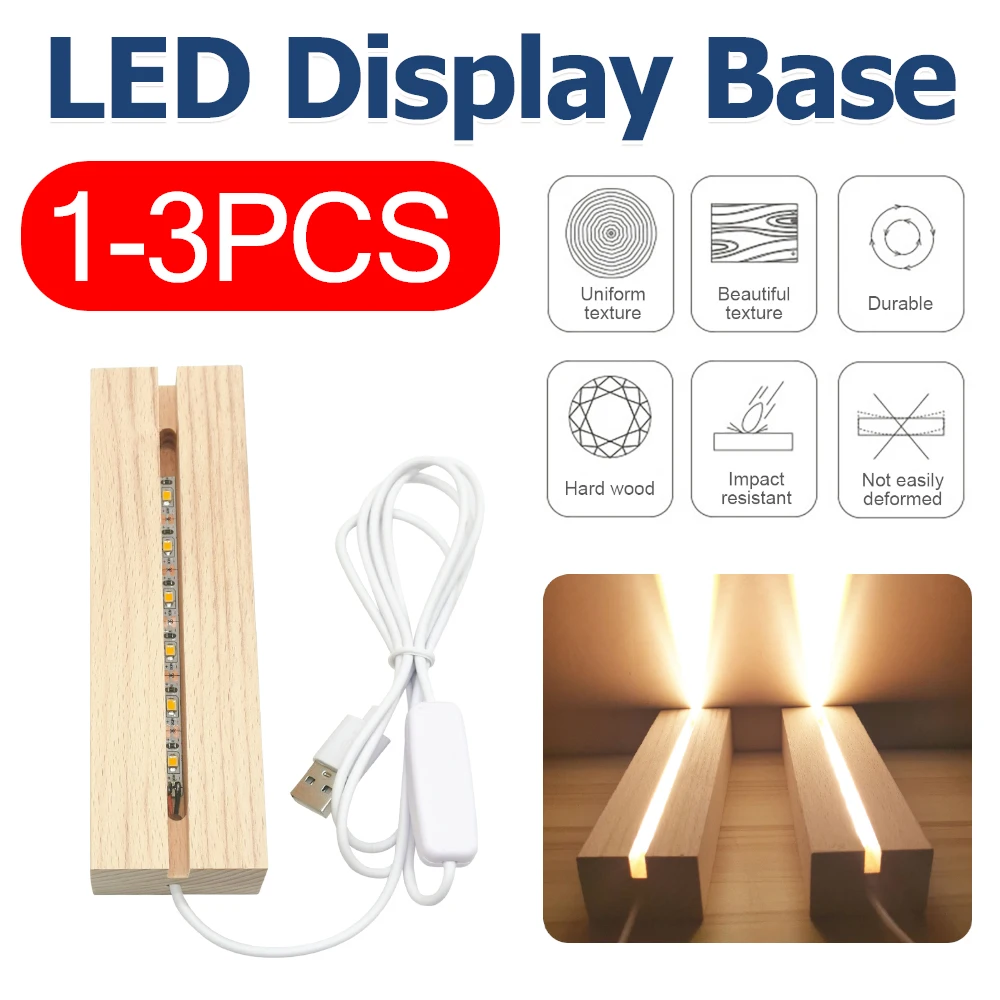 

1-3PCS LED Wood Light Display Crystal Wooden Lighted Base Stand Acrylic Light Plate Base USB Wooden Base for Resin Art Lights