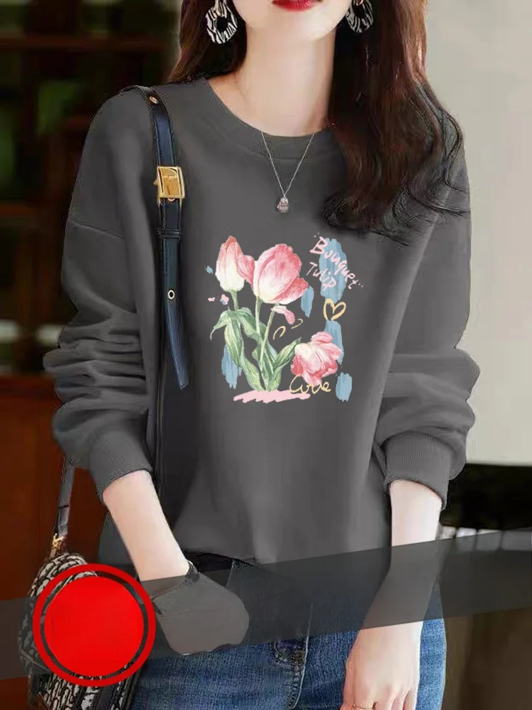

Stylish Loose Fit Hoodie Long Sleeve round Neck Beautiful Inner Wear Grey Slimming Large Size Women's Casual Comfortable Cotton