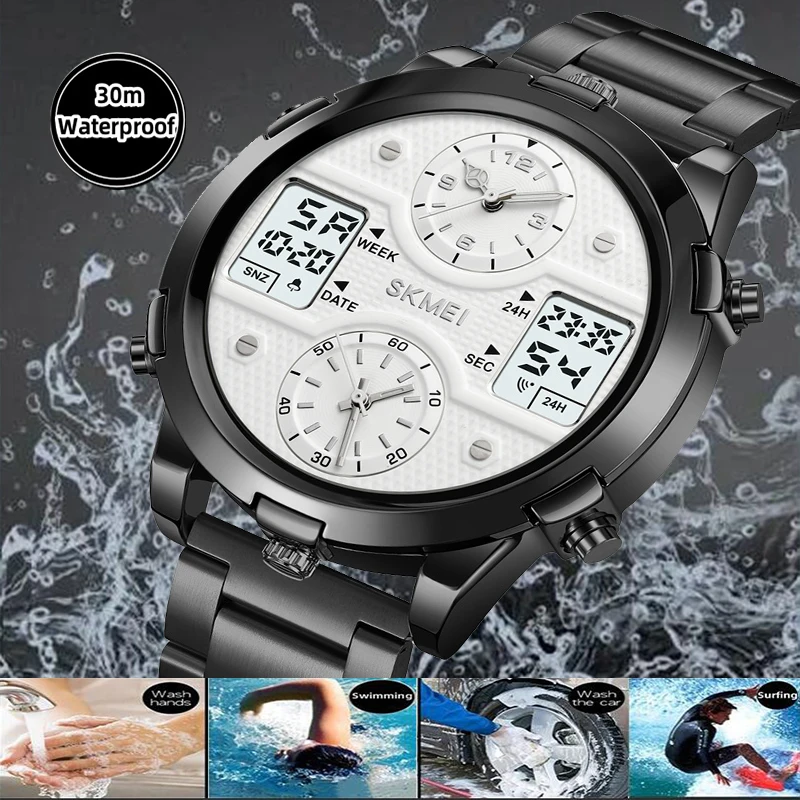 Skmei Multiple Time Zone Men\'s Quartz Sports Watches Big Size Dial LED Chrono Digital Analog Display Waterproof Military Clock