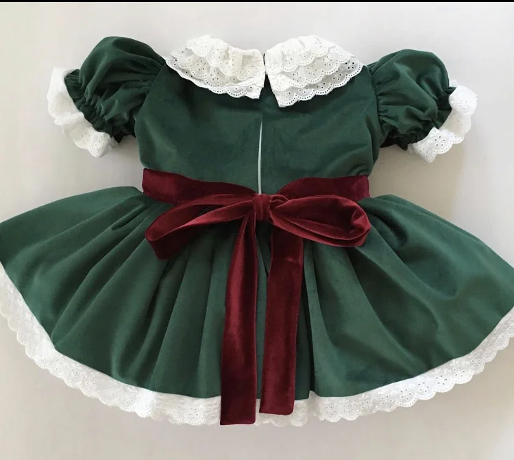 0-12Y Baby Girl Autumn Green Velvet Wreath Letter Embroidery Vintage Princess Gown Dress for Eid Holiday Party Christmas