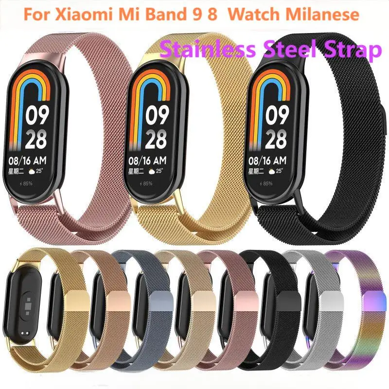 Pulseira de aço inoxidável para xiaomi mi band 9 8 relógio inteligente milanês wirst loop pulseira magnética band9 band8 nfc