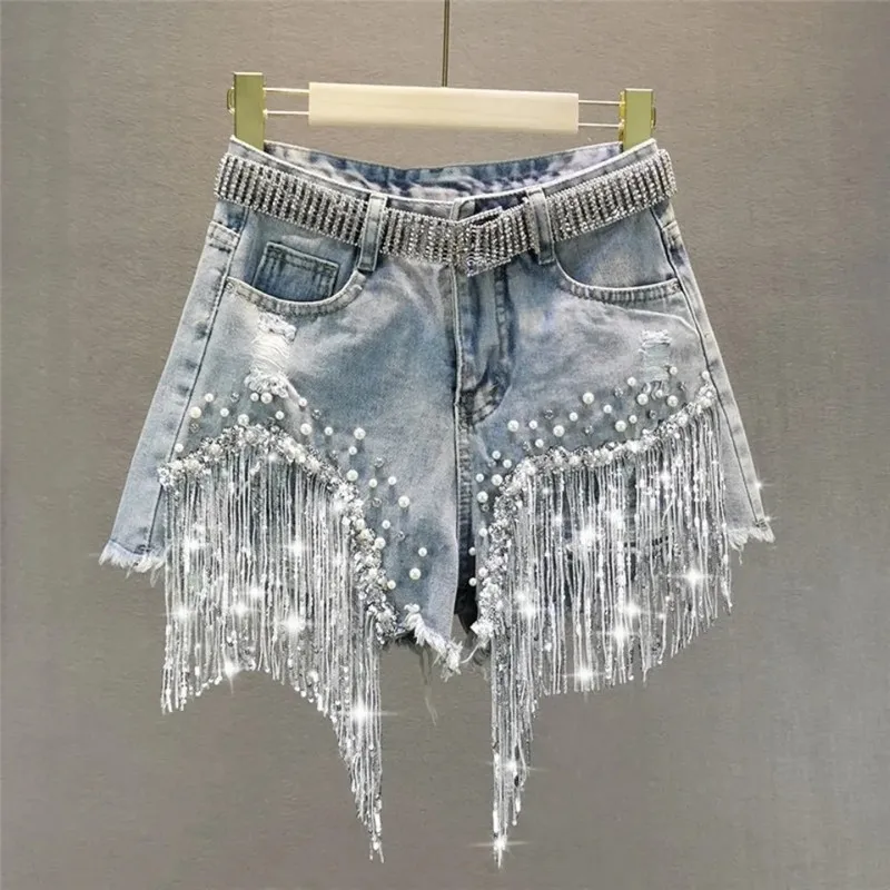 Female Denim Shorts 2024 Summer Wear New High Waist Slimming Heavy Beaded Sequin Fringed Ripped Wide Leg Pants Jeans Hot Pants