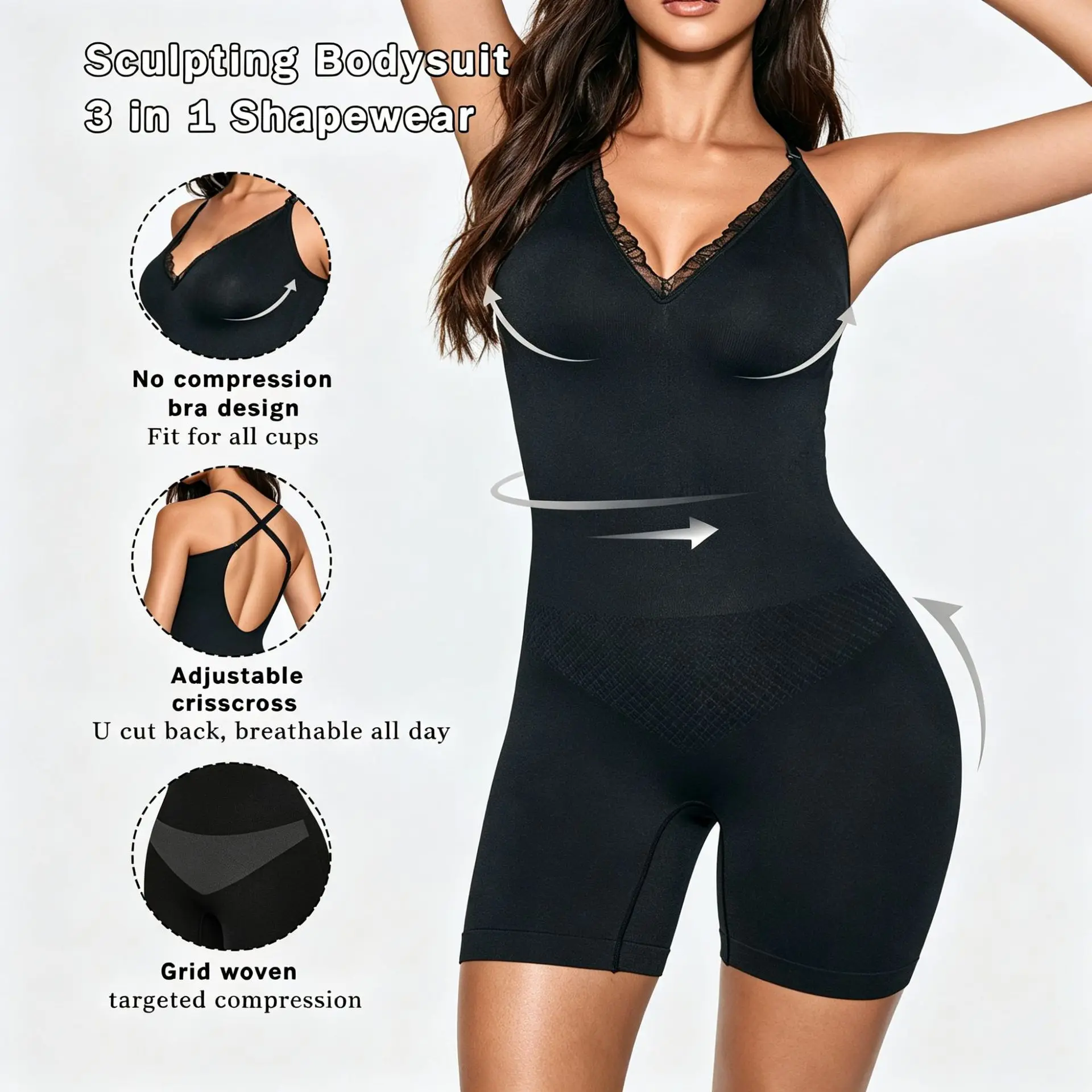 Lace V‑Neck Seamless Shapewear Bodysuit High Waist Tummy Control Slim Body Shaper For Women