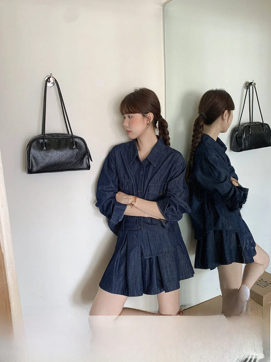 

Комплект из денима LinYunYun 2025: осенний жакет и плиссированная юбка А-силуэта, повседневный модный женский костюм-двойка