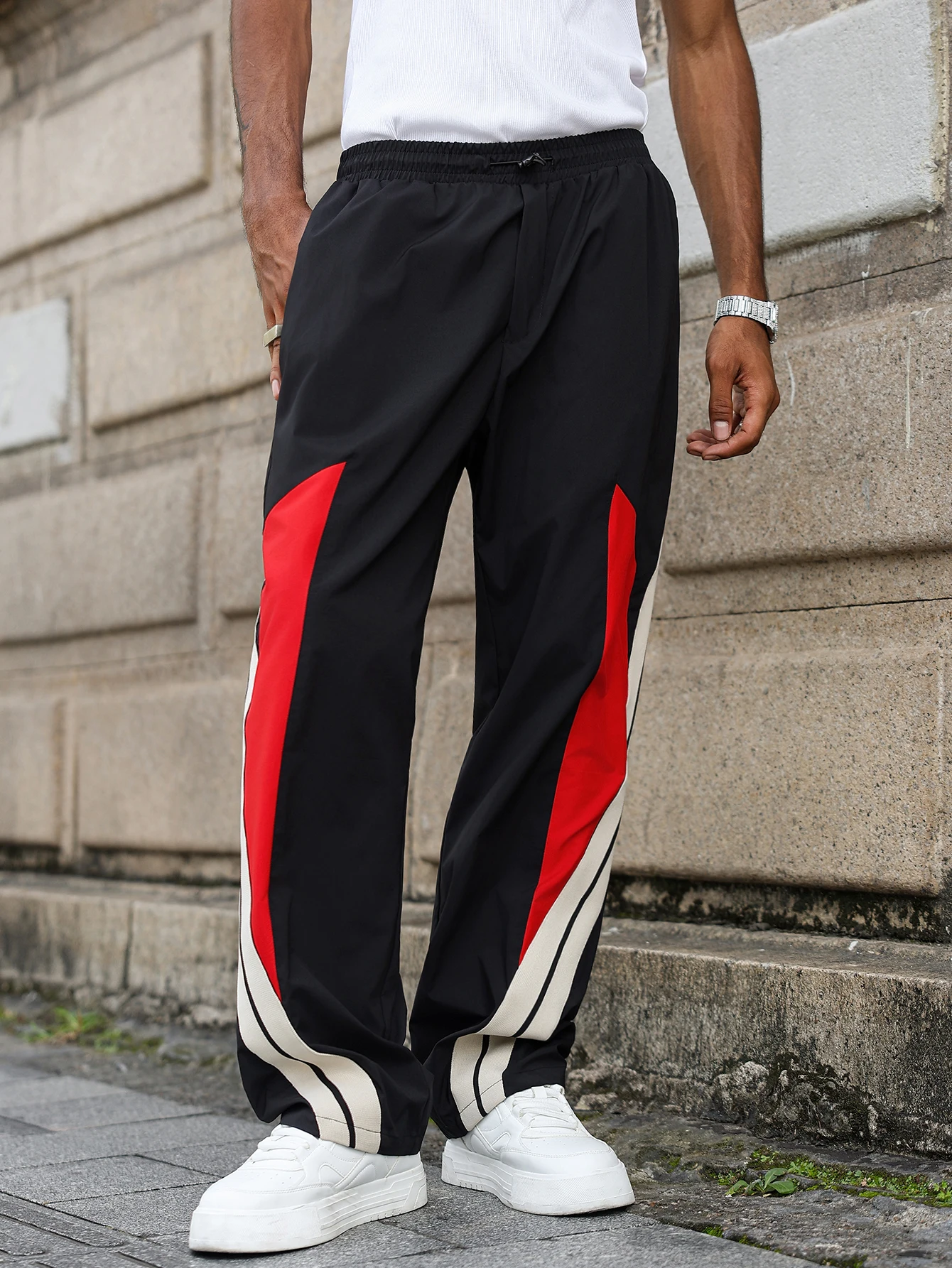 سراويل طويلة للرجال مرقعة متعددة الألوان ولمسات مخططة، ملابس رياضية كاجوال فضفاضة، مناسبة لزي الفريق والمدرسة #4