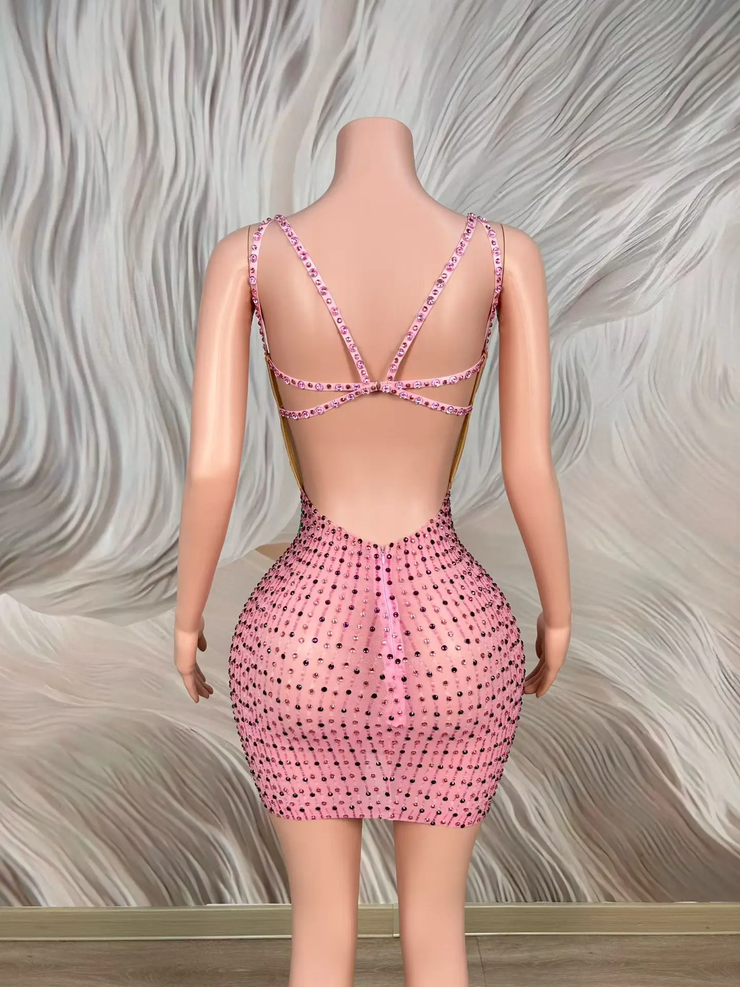 Shumei Elegant Rainbow Butterfly Rhinestone Bodycon Mini Dress Pink Mesh Thin Crystal Straps Waist Cutout Performance Outfit