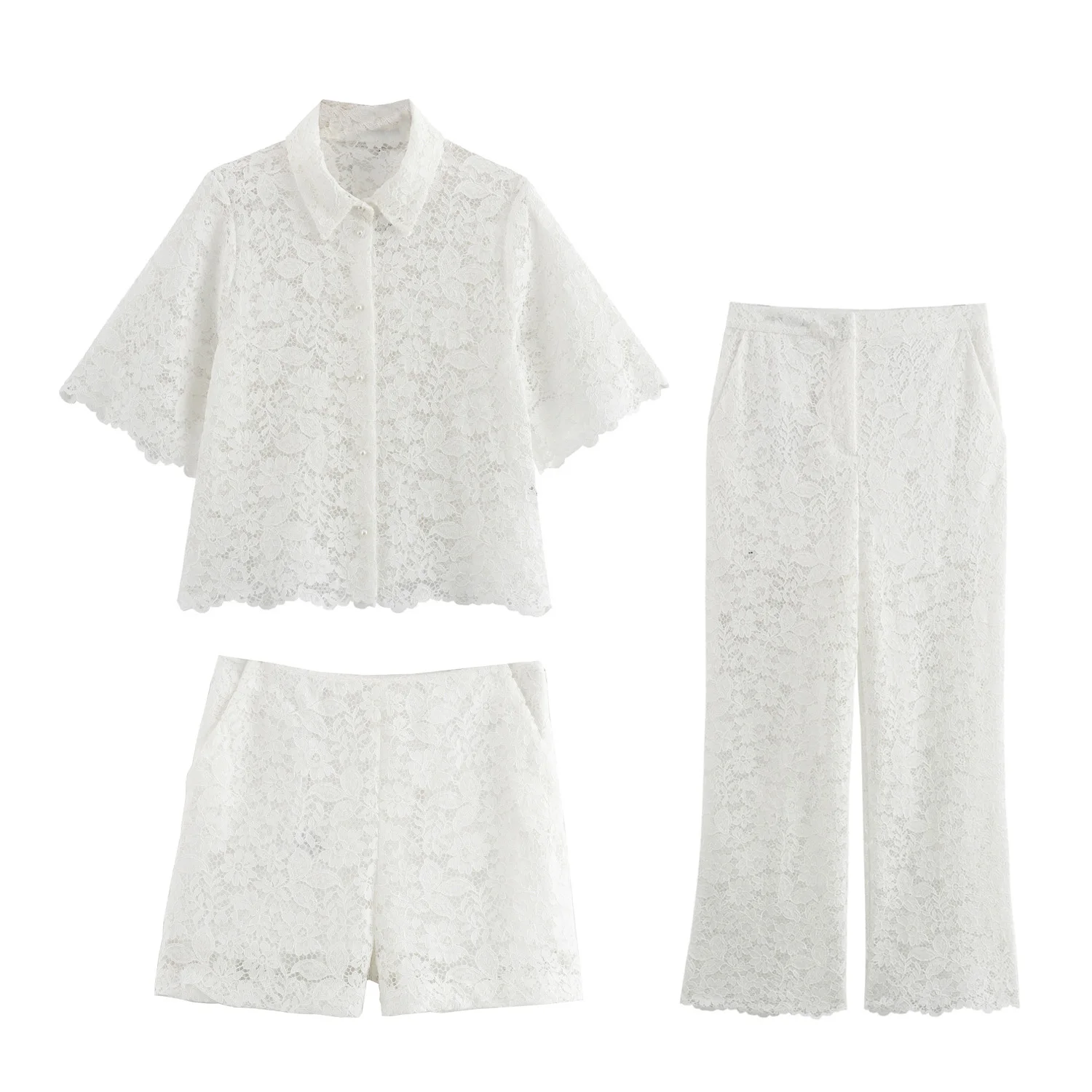 

Новый летний комплект с кружевным коротким топом. Женский модный комплект с кружевными шортами и брюками.