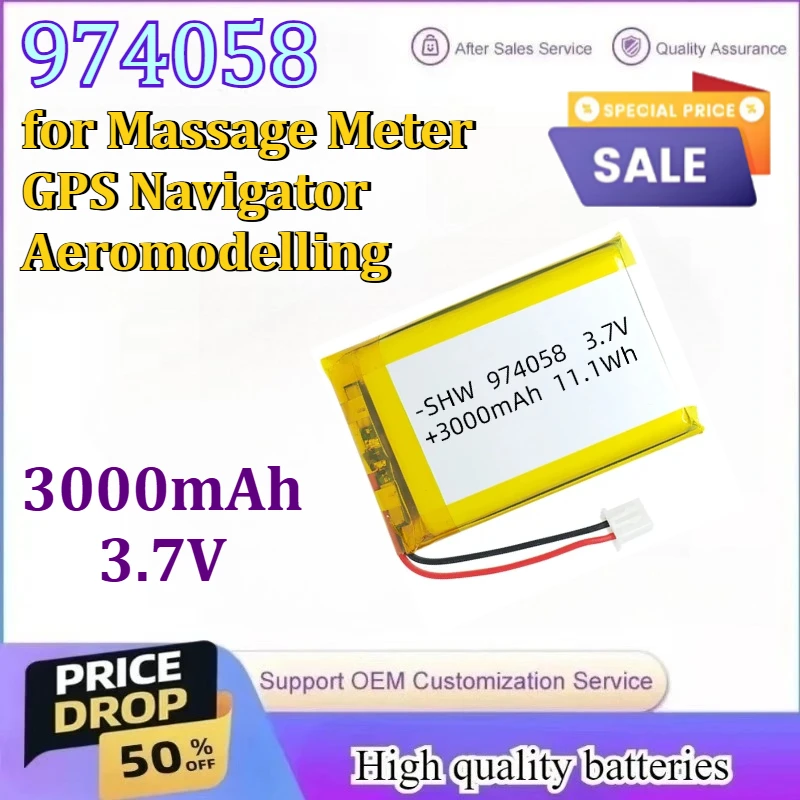 

974058 3000mAh 3.7V Lipo Battery Lithium Polymer Battery for Massage Meter GPS Navigator Aeromodelling Rechargeable Battery