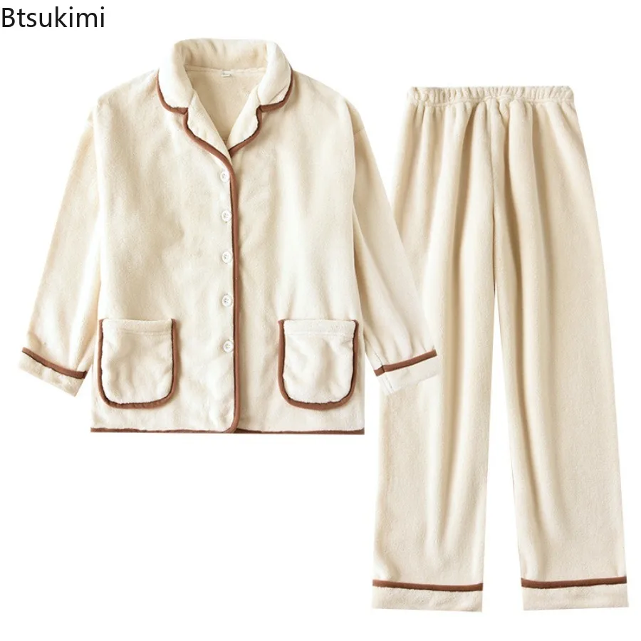 Couple's Winter Warm Coral Velvet 2PCS Pajamas Sets Solid Long Sleeve Tops and Pants Sets Homewear Oversized Sleepwear Set Male