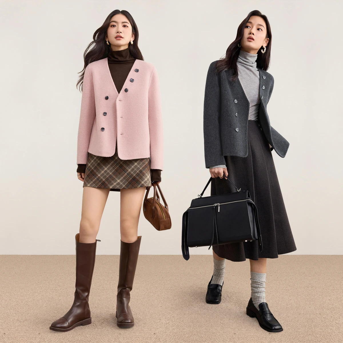 SENTBUILA New Coats for Woman 2025 Autumn Wool Blend V-neck Jackets Double Sided Wool Short Loose Female Clothing W54OF2424