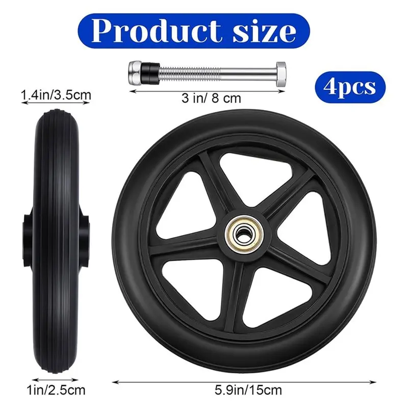 【ELECTRONIC-ACCESSORIES】4 Pack Walker Wheels Replacement, 6 Inch Anti-Slip Solid Roller Wheels For Walkers, Offices Wheelchair F view 5