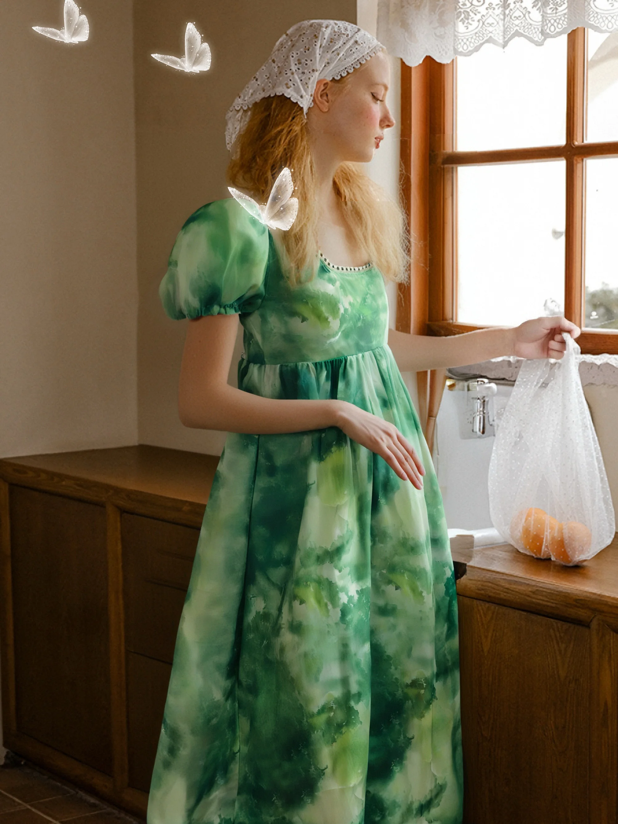 Vestido Verde Vintage de Cuello Cuadrado y Manga Abullonada con Cintura Alta, Colección Verano 2025 de LASS LIZ, Moda Premium para Mujer