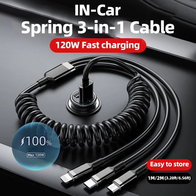 

3 in 1 USB Cable Micro USB Type C Cable 66W Fast Charging Spring stretching Cord For iPhone 15 14 Samsung S23 Xiaomi Huawei