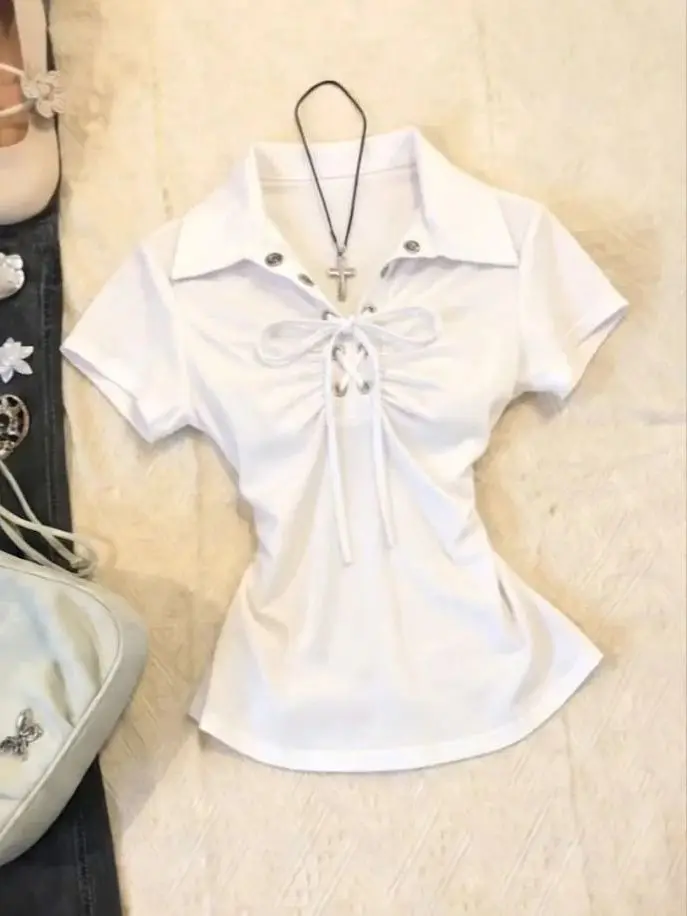 

Y2K Sweet Polo Neck T-Shirts Women Lace-Up Ruched Slim Fit Tees Casual Short Sleeve Tops Fashion Summer Daily Outwear Basic Wear