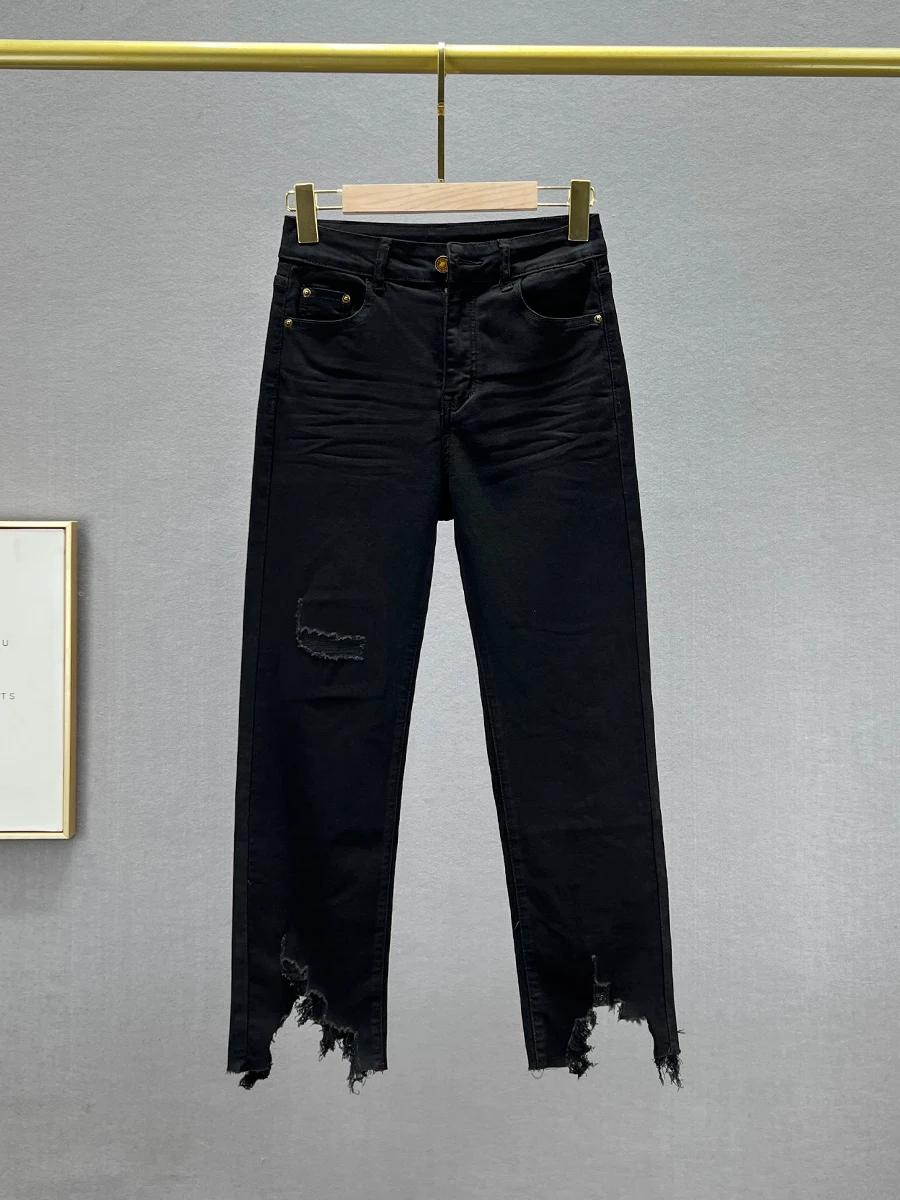 

High Waist Straight Leg Denim Jeans Women's Spring Summer Elastic Eight Parts Slim Fit Fake Tear Smoke Tube Pants Cotton Stretch