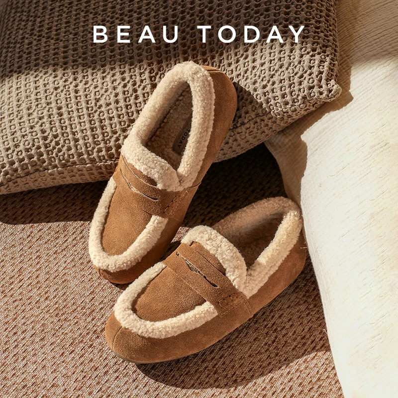

BEAUTODAY Penny Loafers Women Cow Suede Leather Solid Color Round Toe Warm Flats Classical Furry Ladies Shoes Handmade 27863