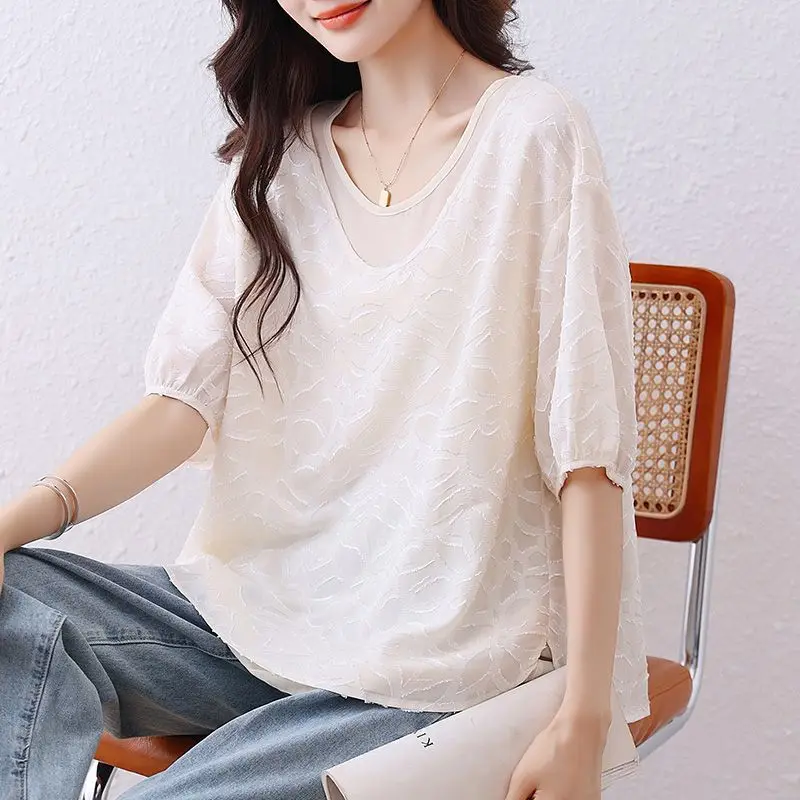 بلوزات أنيقة برقبة دائرية مكونة من قطعتين ملابس نسائية لصيف 2025 قمصان جديدة فضفاضة تناسب كل مباراة قمصان مكتب للسيدات