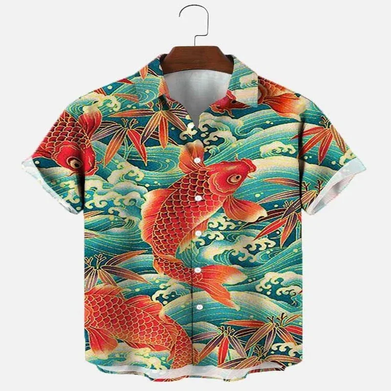 Camisa hawaiana con estampado de pez Koi vintage Camisa hawaiana estampada en 3D para hombres y mujeres Camisa casual unisex