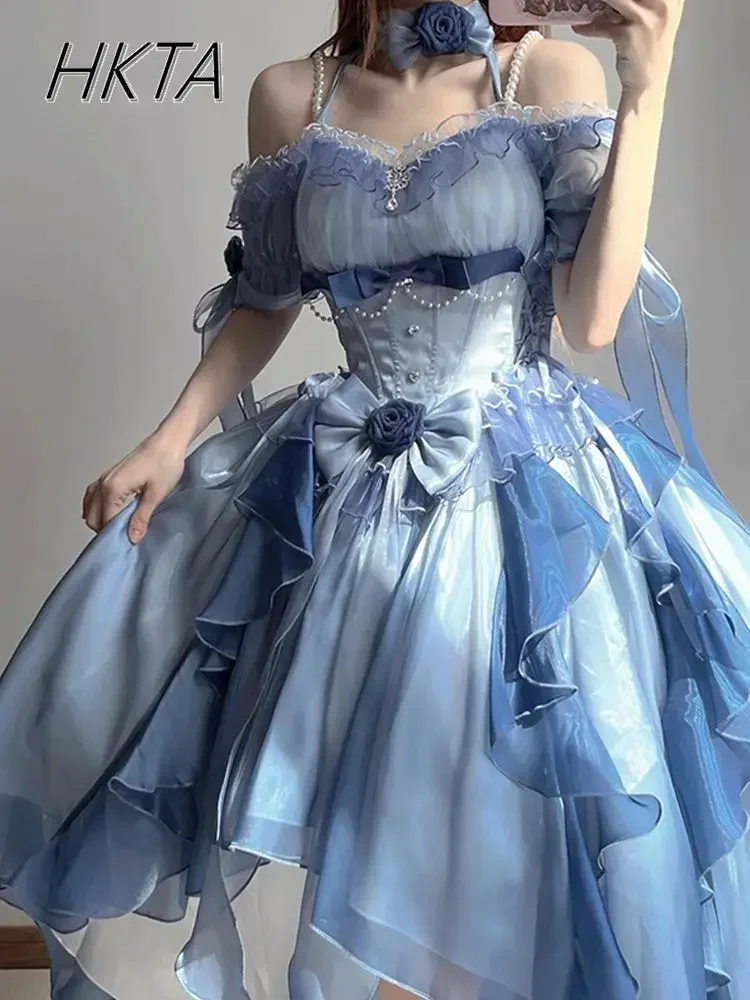 

Kawaii Sweet Maxi Dress Women Lolita Blue Wedding Ruffle Long Dress Female High Sense Heavy Industry Fluffy Princess Dresses