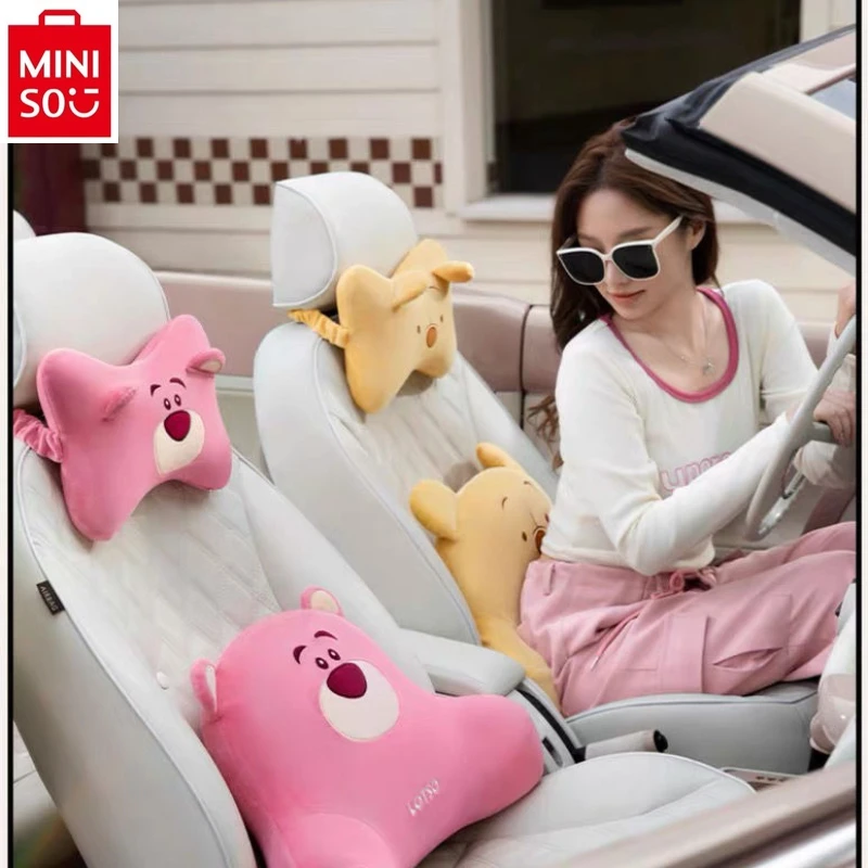 MINISO Car Waist Support Disney Cartoon Strawberry Bear Anime Breathable Comfortable Seat Cushion Interior Decoration Products