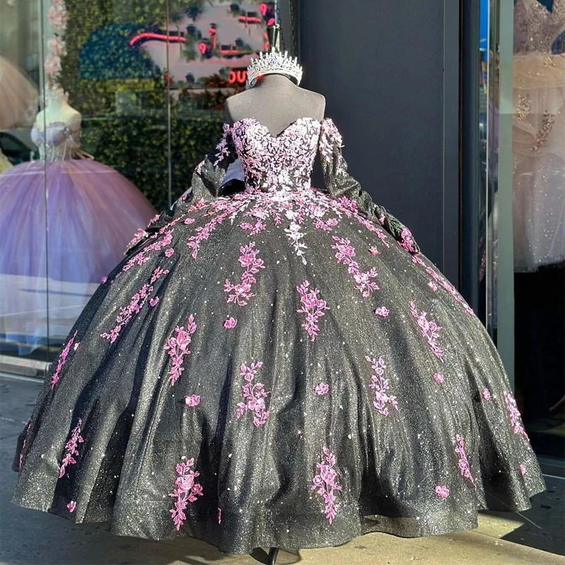 

Black Bling Quinceanera Dresses Mexican Sweetheart Off-The-Shoulder Long sleeve Pink Applique Ball Gowns A-Line Puffy Vestidos