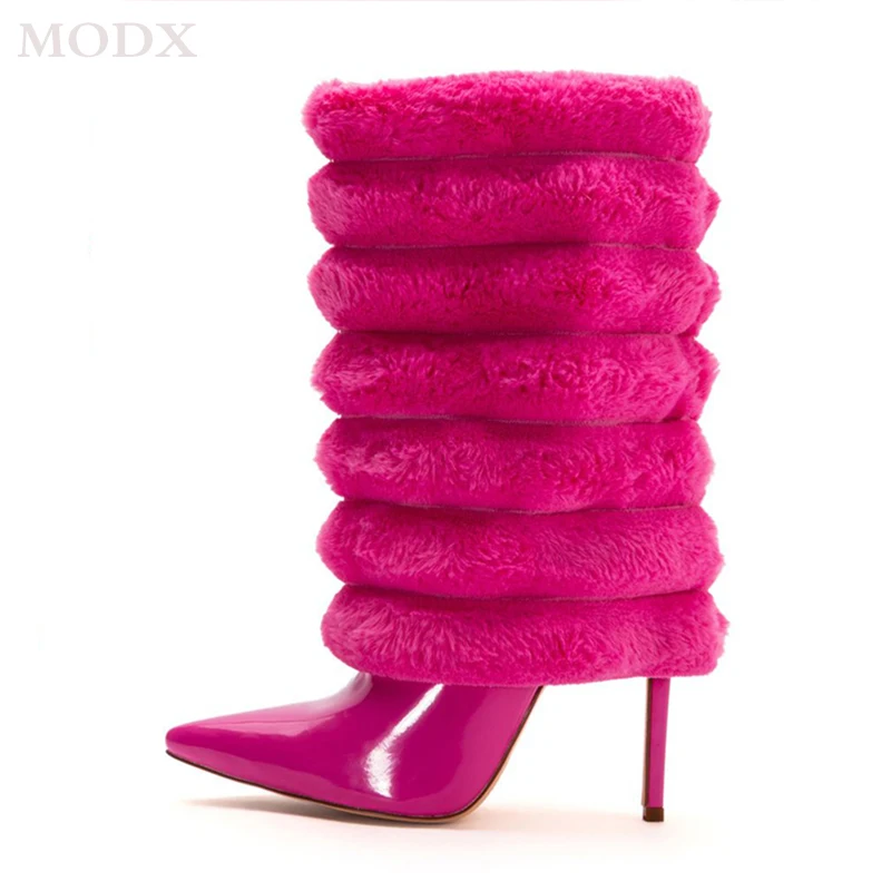 

Pink Leather Furry Booties 2023 Winter Women Sexy Pointed Toe Stiletto Heel Mid-calf Boots Botas Mujer Fashion Lady Runway Shoes