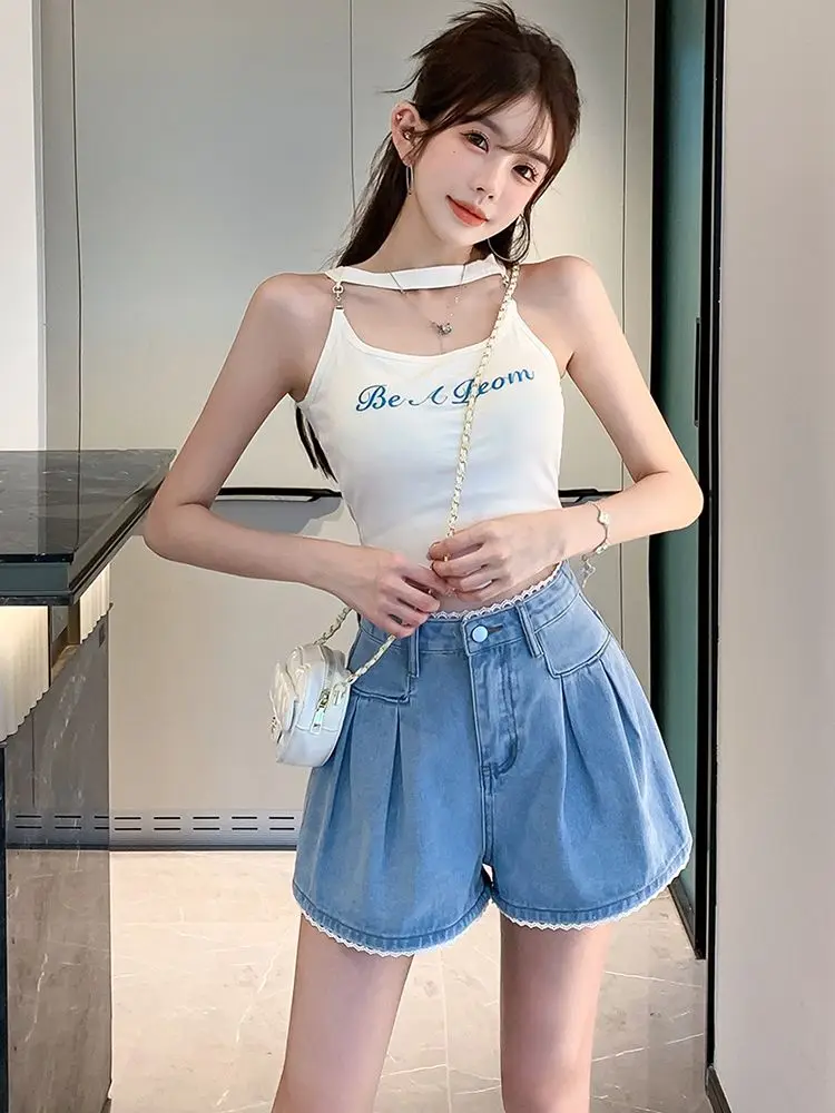 

Джинсовые темно-синие шорты женские свободного кроя в корейском стиле, оверсайз, для спортзала, летние, спортивные, с эластичной талией, повседневные, модные TT1566