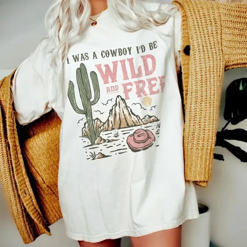 Desert Cactus Graphic Tshirt Vintage Western Cowgirl T-Shirts Cute Short Sleeve Tees Cotton Retro Tops Plus Size Tops For Women