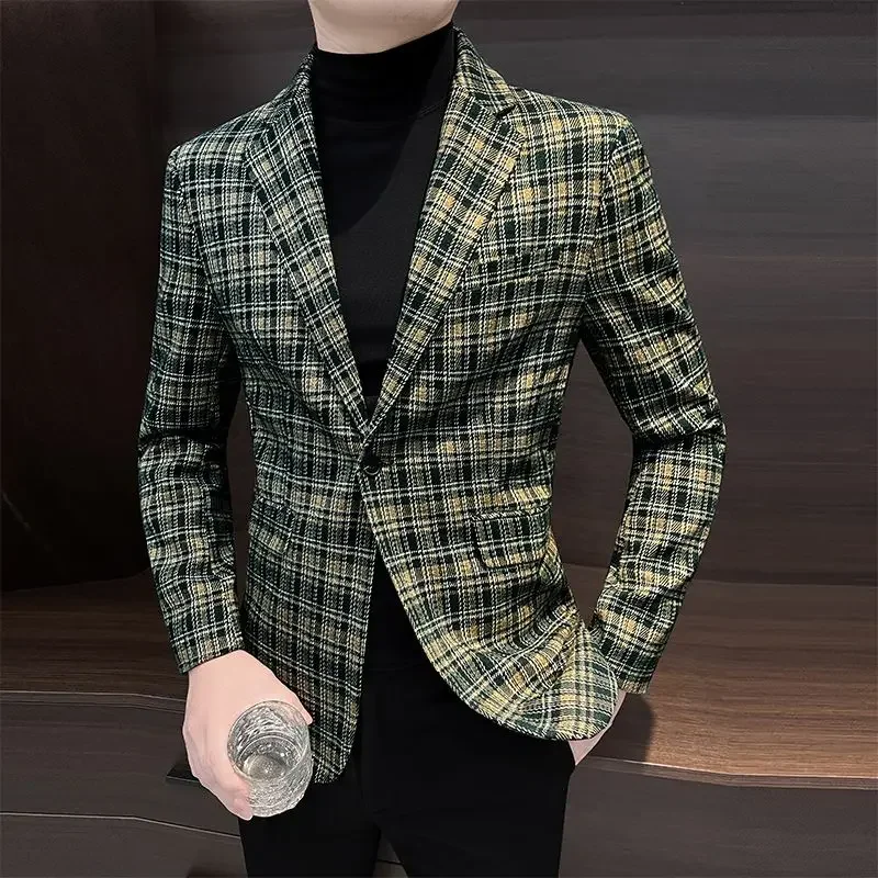 Single Breasted Thin Plaid Man Suits and Blazers Slim Fit Original Gentleman Casual Coats High Quality Elegant Jacket for Men