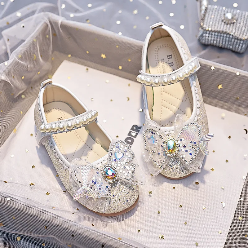 2024 Girls Princess Leather Shoes Elegant Luxury Children\'s Flats Fashion Rhinestone Pearl Kids Ballet Wedding Mary Jane Shoes