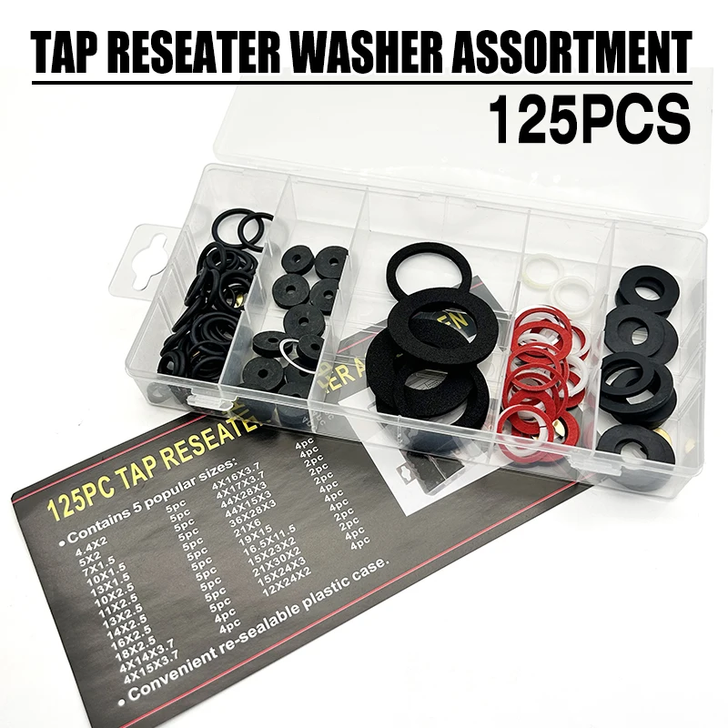 

125Pcs Faucet Washer Repair Kit Assorted Sizes Tap Seal Gasket Durable Leak-Proof Washers for Bathroom Kitchen Plumbing Fixtures