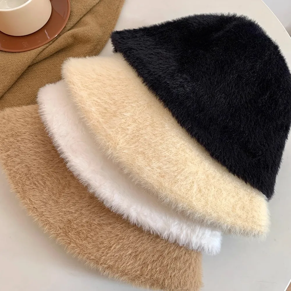 Korean Elegant Artificial Rabbit Fur Bucket Hat Women Autumn Winter Warm Thickened Fisherman Hat Panama Plush Basin Hat Lady Cap