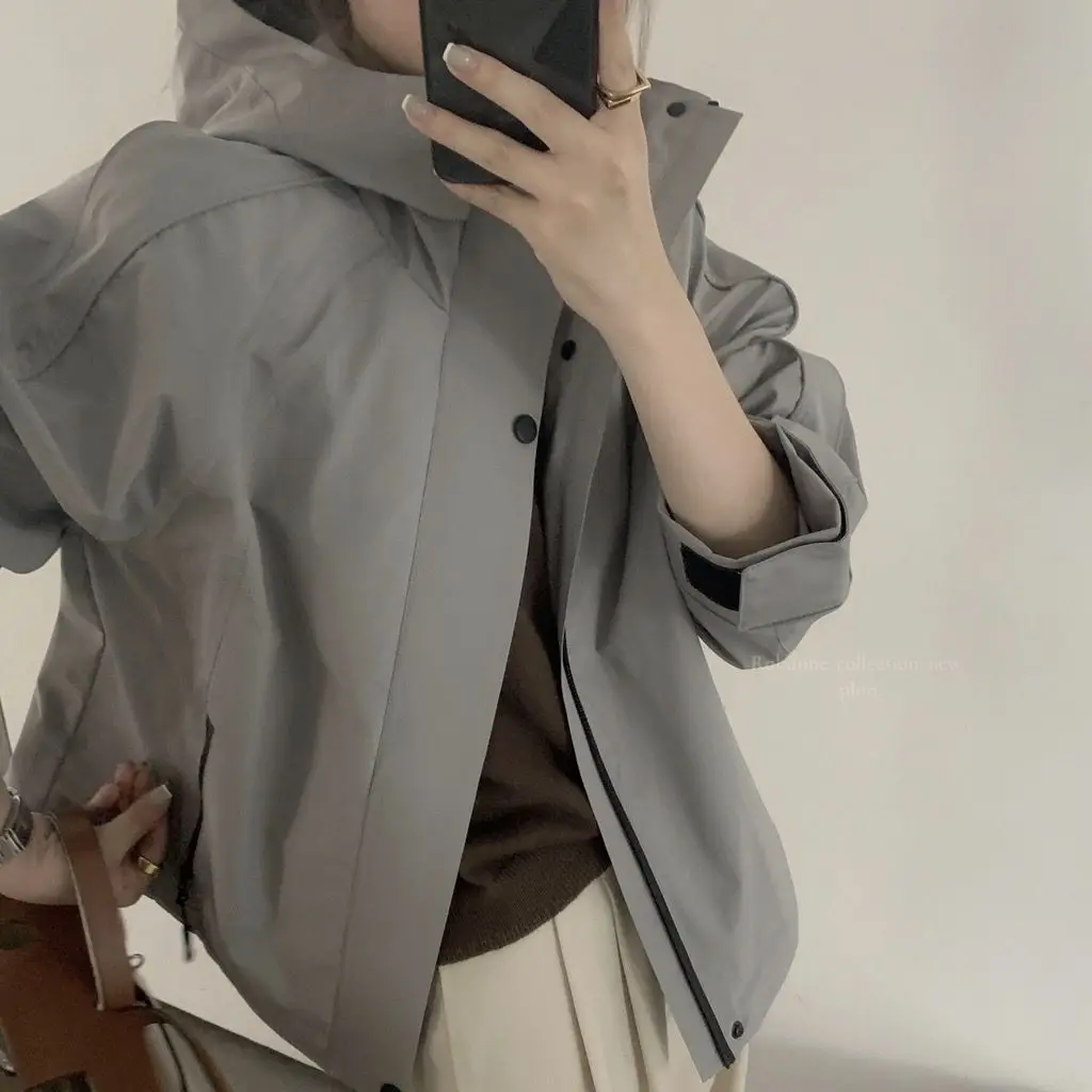 

Весенне-осенняя серая толстовка, женская свободная повседневная ветрозащитная водонепроницаемая куртка на молнии, топ