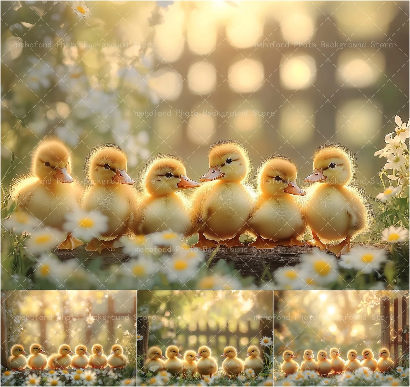 Mehofond Photography Background Spring Yellow Duck Flowers Warm Sunshine Small Wooden Stake Kids Family Portrait Backdrop Decor