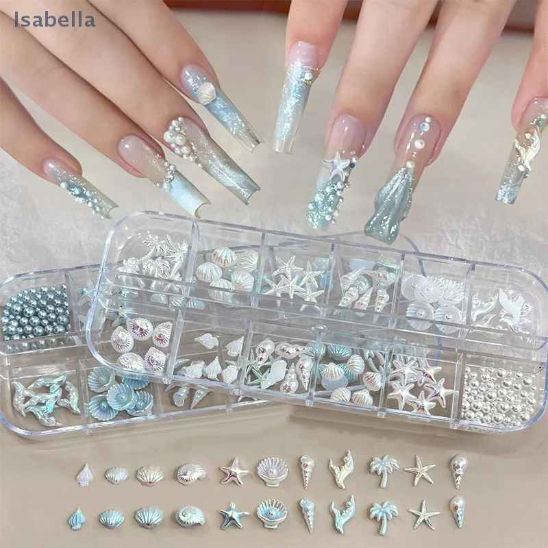 

12 Grids/Box 3D Starfish and Shell Nail Art Decorations, Aurora Seashell and Palm Tree DIY Nail Rhinestone Accessories