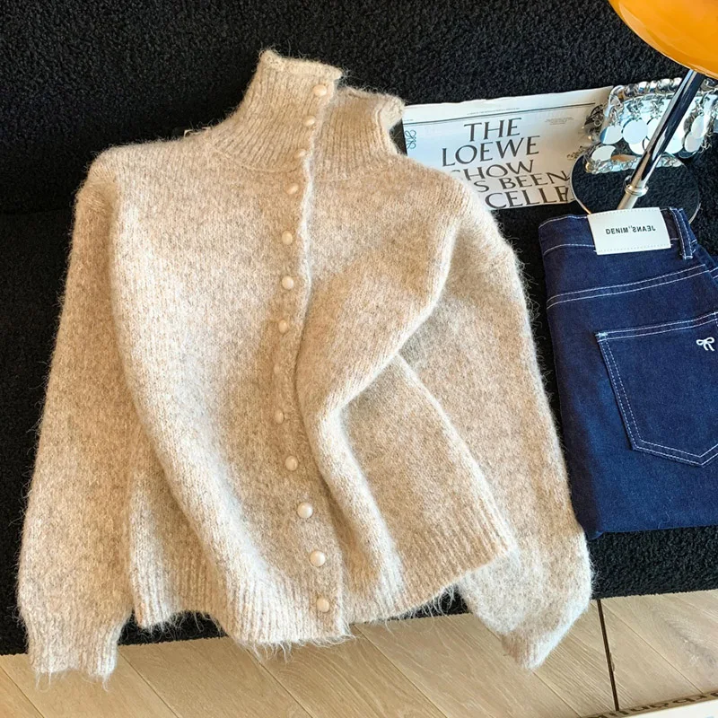 

Autumn Winter Fashion Knitted Cardigan Women's Single Breasted Long Sleeve Sweater Korean Style Standing Neck Warm Knitwear