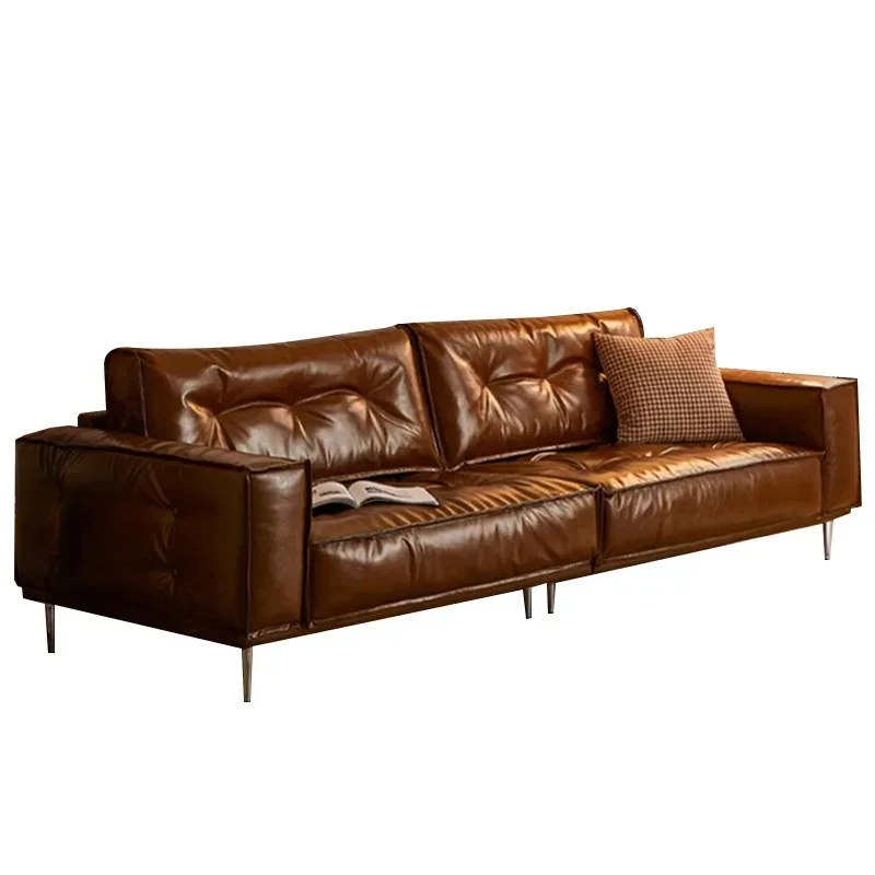 

Medieval style sofa, small apartment living room French retro oil wax leather simple straight leather sofa