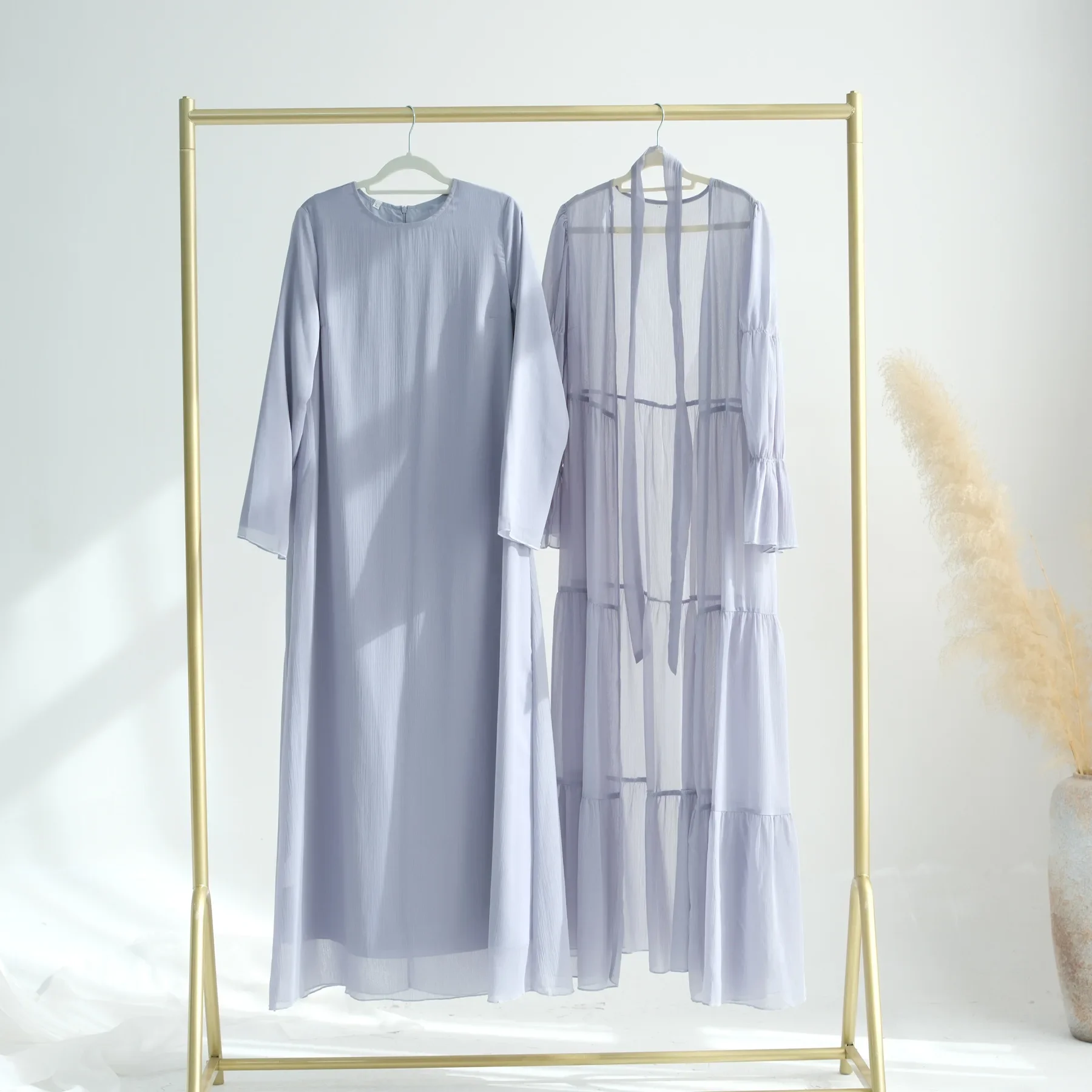 Ensemble deux pièces en mousseline de soie pour femmes musulmanes, élégant, froissé, dubaï, turquie, ample, ouvert, Cardigan et Robe Abaya