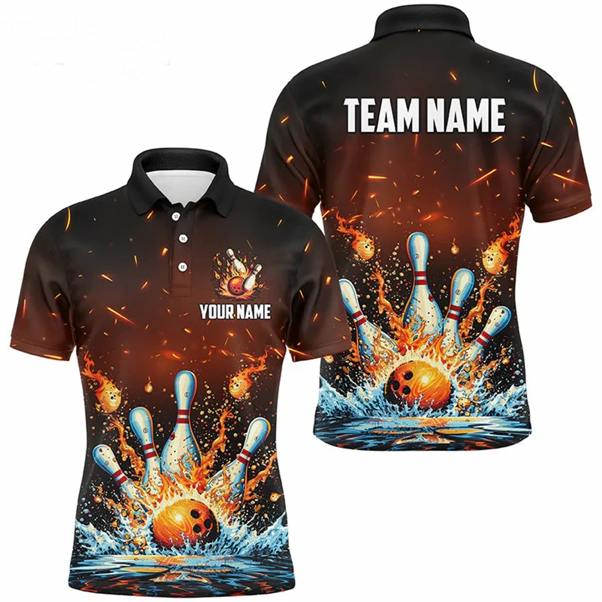 Fire and Water Bowling Ball Pins Jersey Polo Shirt 3D print Men's Custom Flame Bowling Team Jerseys Gift for Bowling Lovers Tops