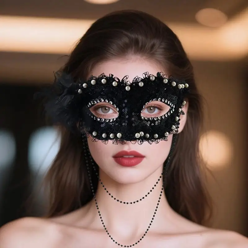 Y3NE Side Flower Faux Pearls Half Face Mask Comfortable For Costume Parties Halloween