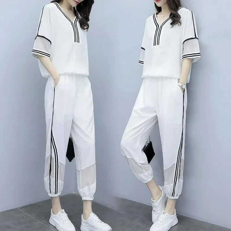 2022 Summer New V-Neck T-Shirt Casual Elastic Waist Sports Pant Suit Female Loose Size 5XL Fashion Two-Piece Sets White