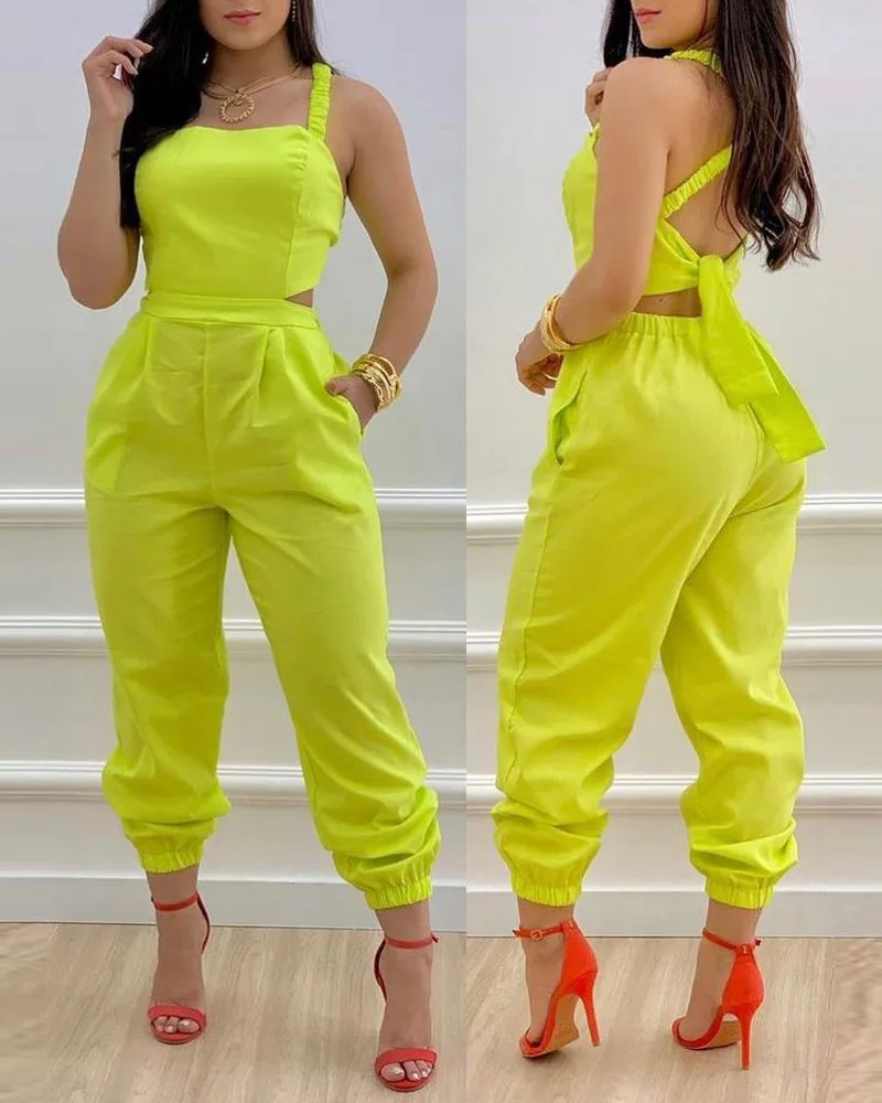 Women\'s Jumpsuit 2025 New Solid Color Suspenders Sleeveless Wide Leg Straight Pants Fashion Casual Street Clothing